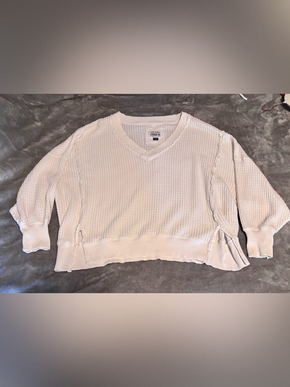 American Eagle Outfitters Cream V-Neck Waffle Knit Pullover